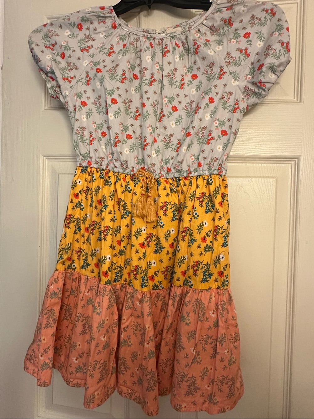 Peek Girls Floral Colorblock Tiered Dress - Yellow, Pink & Light Blue